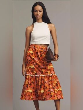 Farm Rio Anthropologie nwt size small Tiered Flare-Hem fruit printed Midi Skirt